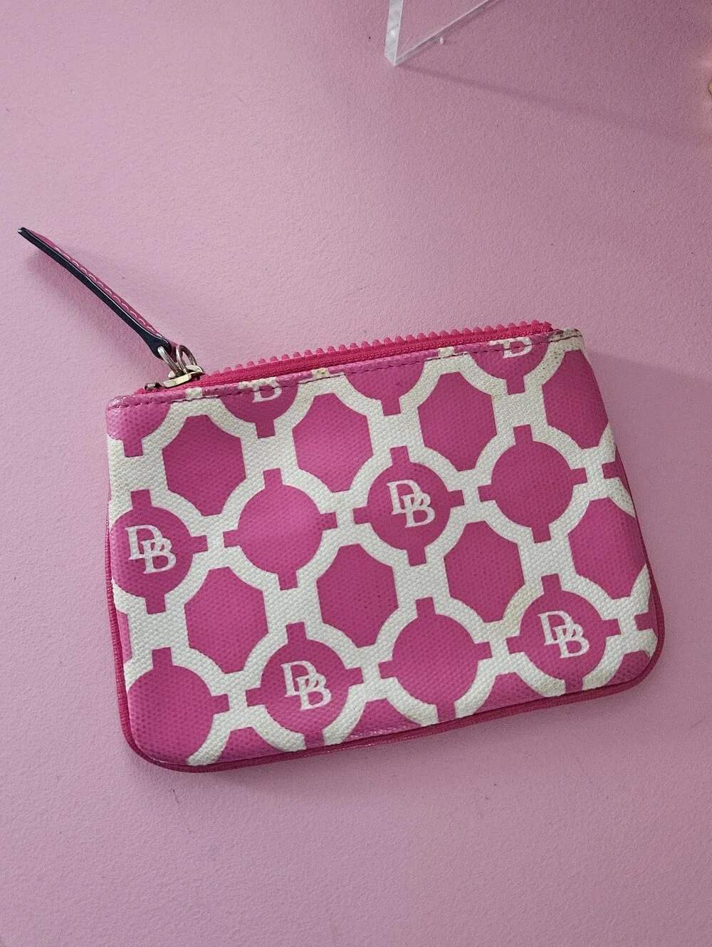 Dooney & Bourke Hot Pink and White Geometric Wristlet Pouch Coin Makeup Bag